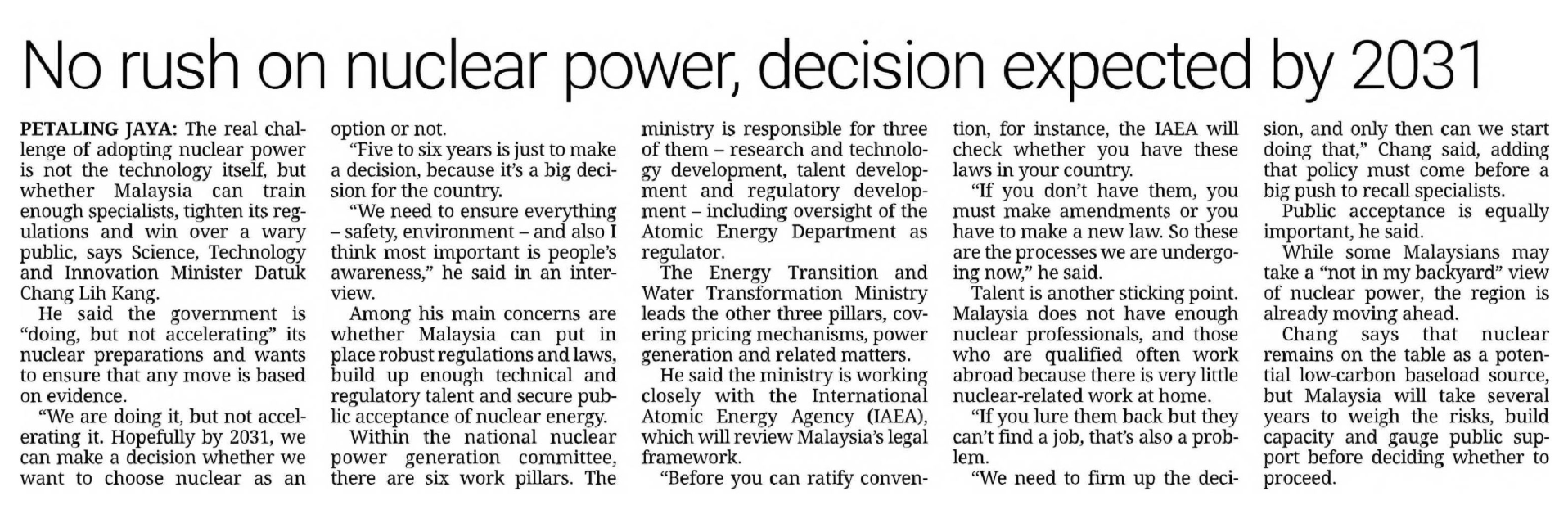 No rush on nuclear power, decision expected by 2031